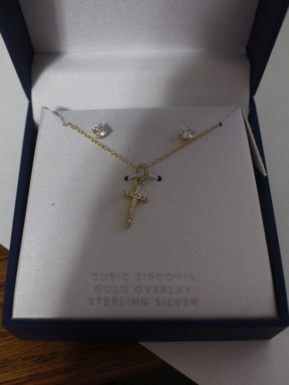 Gold Overlay Sterling Silver CZ Cross Necklace and Stud Earring Set